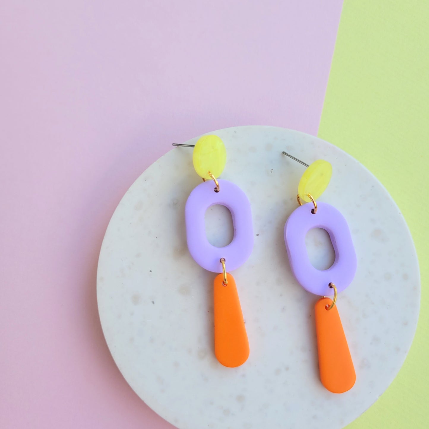 SUNNY POP – Bunte Statement-Ohrringe aus Polymer Clay & Acryl in Gelb, Flieder & Orange
