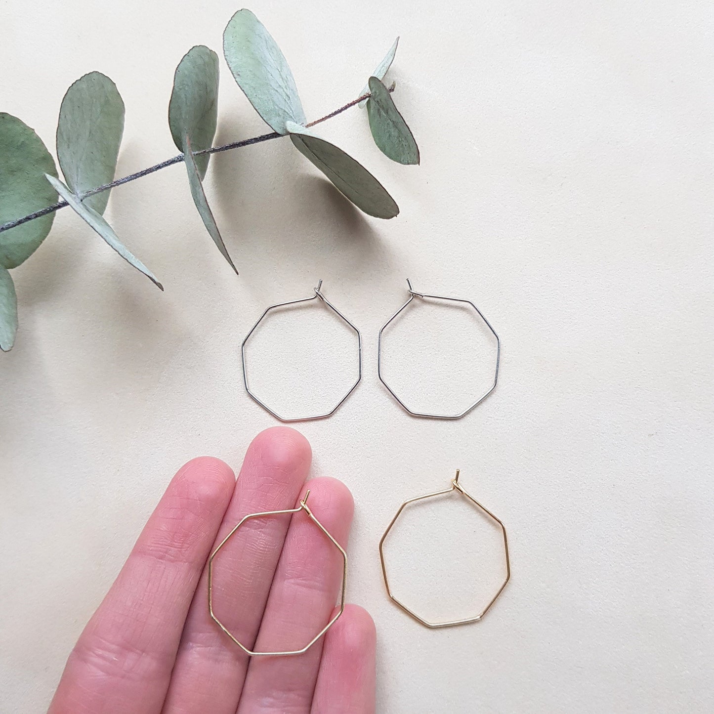 Eckige Creolen in Silber oder Gold, Hexagon, vergoldet oder rhodiniert