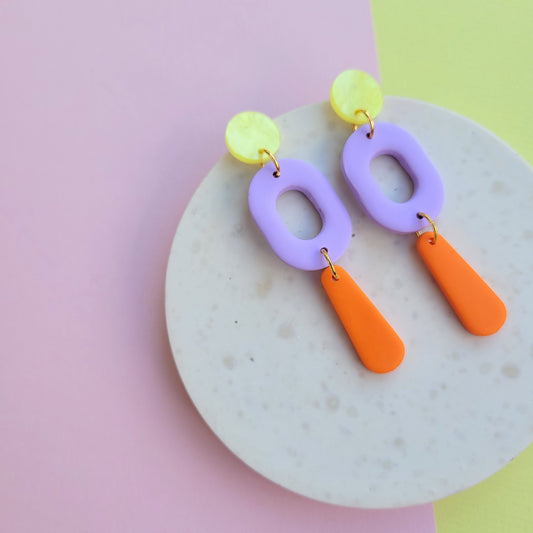 SUNNY POP – Bunte Statement-Ohrringe aus Polymer Clay & Acryl in Gelb, Flieder & Orange